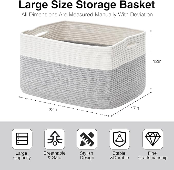Large Blanket Basket Living Room, Rectangle Storage Basket, Large Basket for Blankets, Woven Cotton Rope Baskets for Storage Toy Dirty Clothes, 22”x17”x12”, White & Grey, 75L