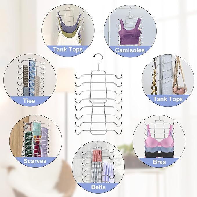 3Pcs Tank Top Hangers Space Saving Hanger Organizer Bra Hangers for Closet Organizer 360° Rotating Metal Closet Organizers and Storage Lingerie Hangers for Cami Bras Belts Swimsuits Lingeries Silver