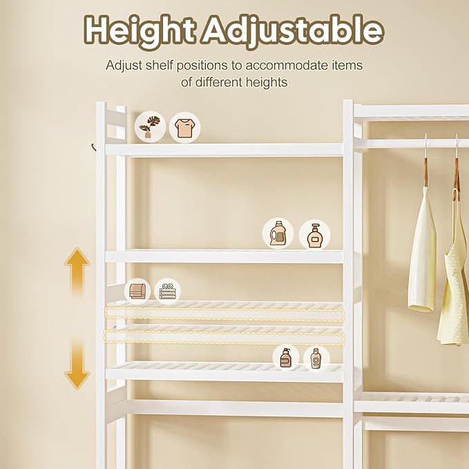 Over The Washer and Dryer Storage Shelf Bamboo,5 Tiers Laundry Room Drying Rack with Adjustable Shelves and 4 Hooks,Space Saver Organizer for Hanging Clothes and Towels (White)