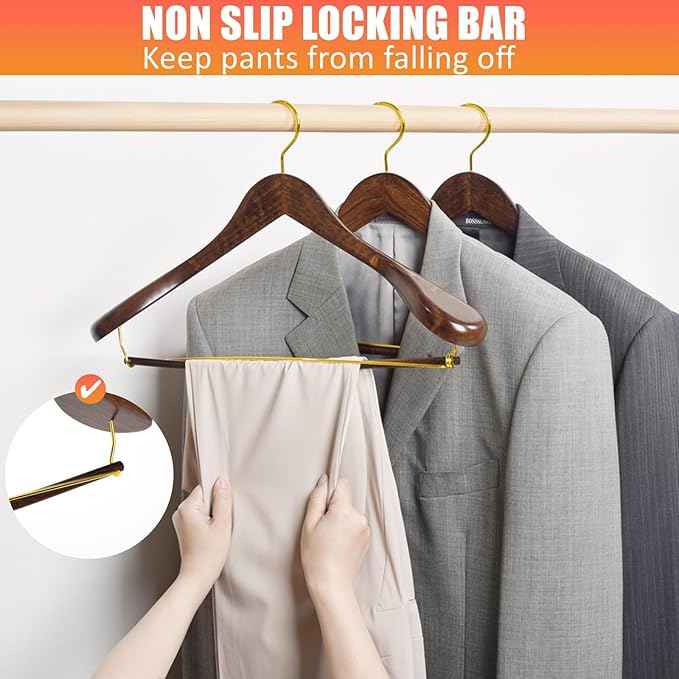 Amber Home 6 Pack Retro Wooden Suit Hangers with Gold Hook, Vintage Wide Shoulder Suit Hangers with Gold Pants Locking Bar, Wood Jacket Clothes Hangers for Sweater, Pants, Heavy Clothes