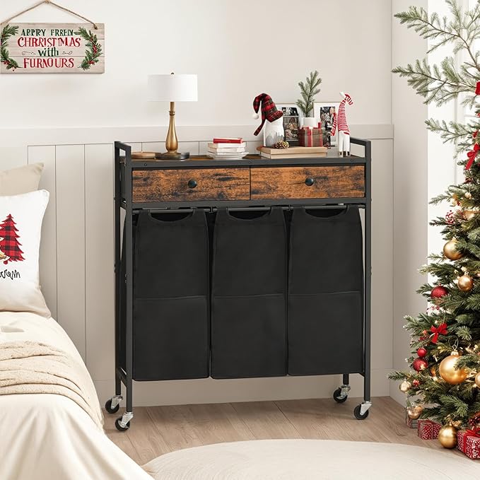 HOOBRO Laundry Sorter 3 Section, 130L Laundry Hamper with 2 Drawers, Rolling Laundry Basket, Pull-Out and Removable Laundry Bags for Laundry Room Organization, Rustic Brown and Black BF78XY01