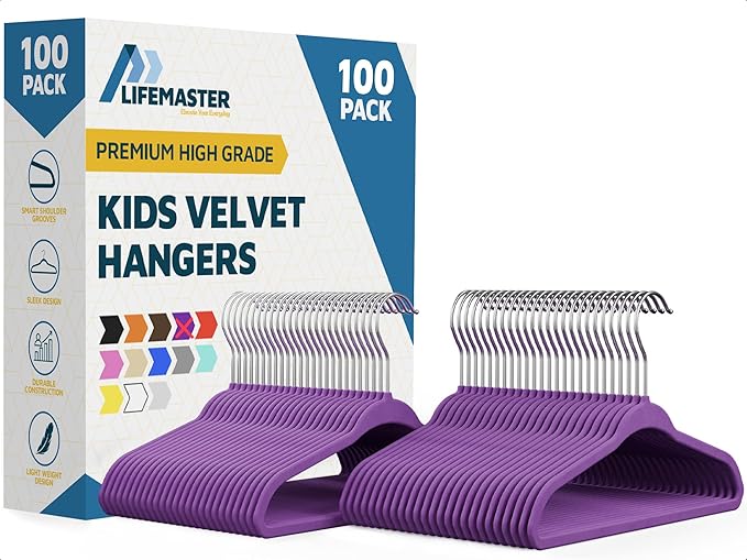 Purple Velvet Kids Hangers 100 Pack, 10.83" Non-Slip Baby & Toddler Hangers for Clothes, Space-Saving Slim ABS Plastic with 360° Swivel Hook & Notched Shoulders, Up to 10 lb Capacity