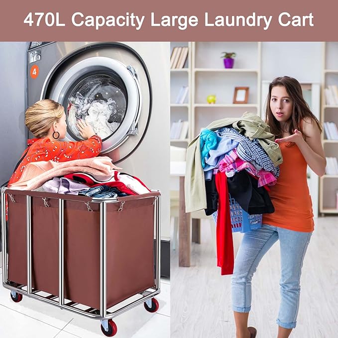 Commercial Laundry Cart with Wheels, 470L Industrial Rolling Laundry Basket, Large Heavy Duty Laundry Sorter with Watertight Oxford Bag & Sturdy Steel Frame for Home, Hotel, Hospital, 440 lbs (Brown)
