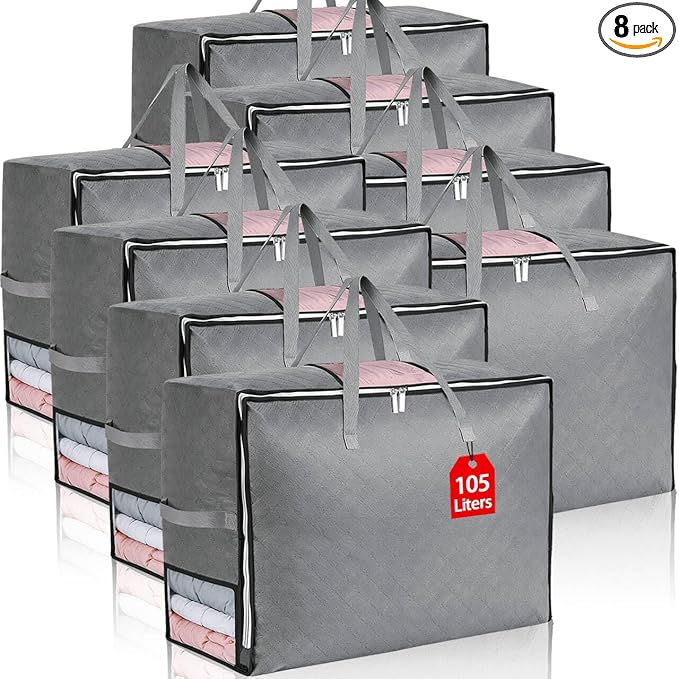 8Pack 105L Extra Large Blanket Comforter Storage Bags, Foldable Storage Bags for King Comforter Bedding Pillow Sheet Clothes with Handles Zippers Clear Window Closet Organizers and Storages, Grey