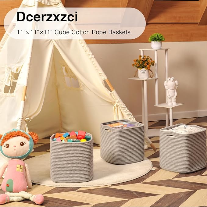 11 Inch Cube Storage Bins, 11x11 Organizer Bins for Cube Organizer, Square Cloth Storage Cubes, Woven Storage Baskets for Shelves, Toy Rope Baskets Storage Kids, Grey (Pack of 3)