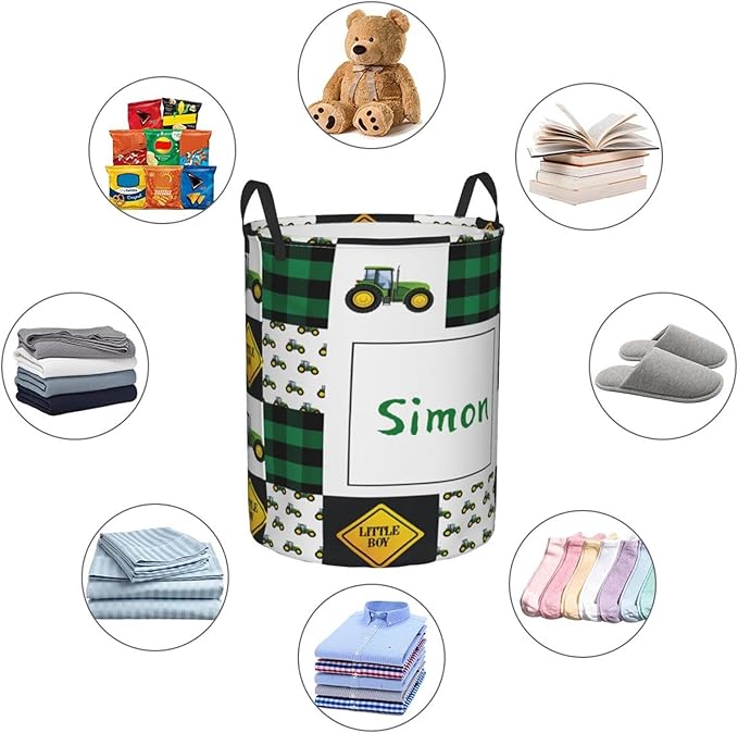 Green Tractor Personalized Laundry Basket Name Clothes Hamper with Handles Waterproof Laundry Storage Baskets for Bedroom Bathroom Decor.