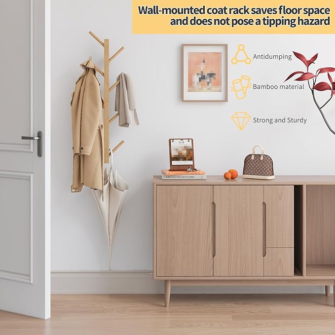Coat Rack Wall Mount,Bamboo Vertical Hat Rack for Wall,Wall Coat Tree,Coat Hanger,Floating Coat Rack for Hats,Jackets,Bags,Entryway Bedroom (Natural)