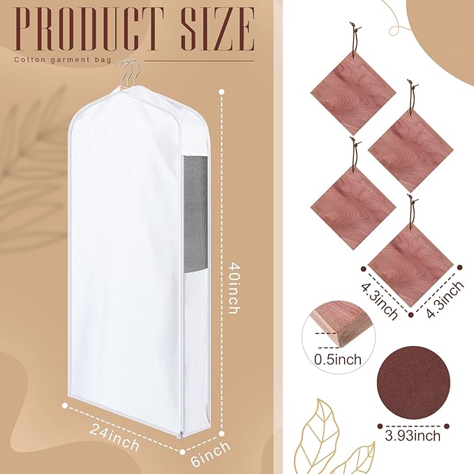 1 Set 40'' x 24'' x 6'' Short Cotton Garment Bags for Hanging Clothes and Storage, 4 Cedar Blocks for Fresh Smell and Moth Protection, Breathable Covers for Closet Suits Fur Coats Sweaters