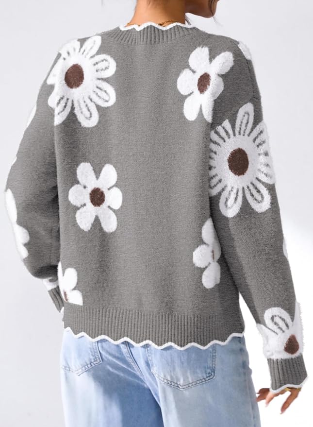 Pink Queen Fuzzy Sweater Cardigan for Women 2025 Fashion Long Sleeve Flower Outerwear Button Down Open Front Cardigan Coat