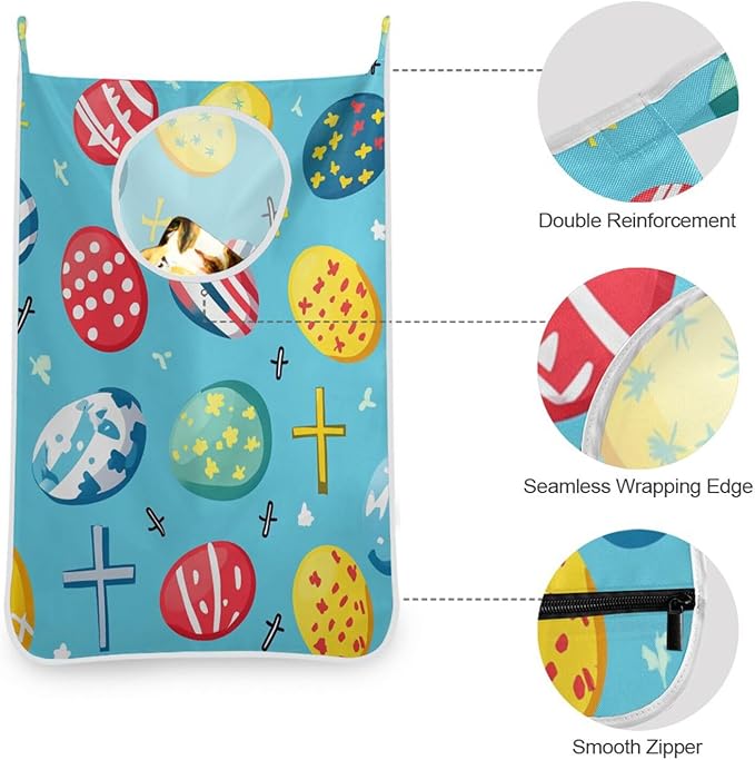 Hanging Laundry Hamper Over the Door with Stainless Steel Hooks Rack Dirty Clothes Wall Mounted Hamper Basket Bag 29.5X20inch Blue Easter Eggs and Nails1
