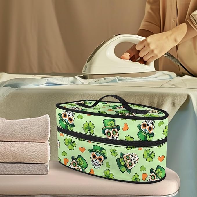 Saint Patricks Day Steam Iron Storage Case Lightweight Easy to Carry Skull Hat Four Leaf Clover Iron Storage Bag with Zipper Handle