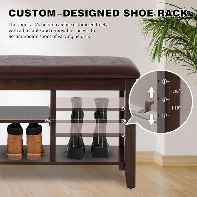 PY HOME & SPORTS Shoe Rack for Entryway 23.6": 2-Tier Shoe Storage Bench, Adjustable/Removable Shelves, Rubberwood Shoe Benches for Hallway, Porch, Bathroom, Brown