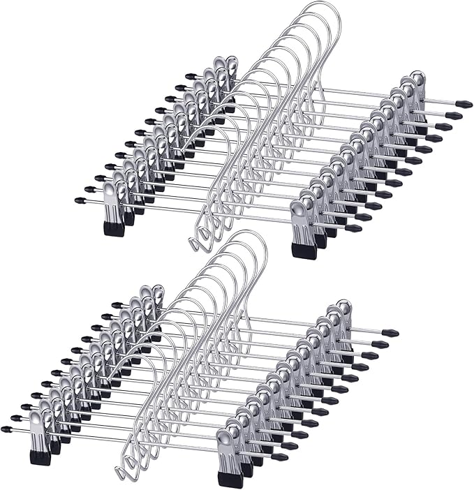24PCS Pants Hangers with Clips, Heavy Duty Adjustable Space Saving Skirt Clips Stackable Non-Slip Metal Hanging Closet Organizer College Dorm Apartment Room Essentials for Shorts Jeans Trousers