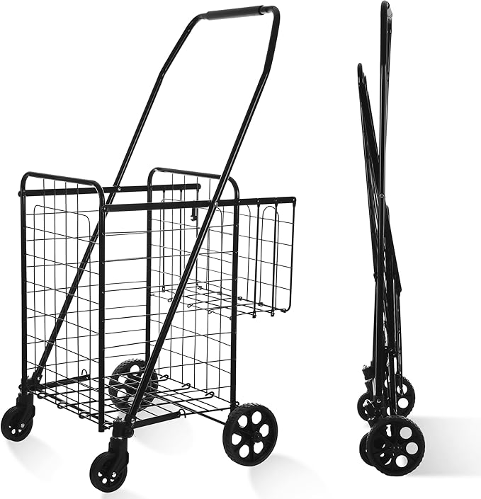 Folding Shopping Cart, Grocery Cart, 200 Lb Capacity, Utility Cart with 360° Rolling Swivel Wheels, Medium & Extra Basket