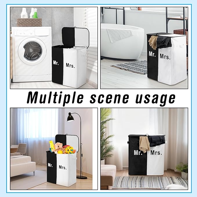 154L Large Double Laundry Hamper with Lid and Removable Bags Laundry Basket 2 Section Collapsible Dirty Clothes Hamper for Bathroom Bedroom for Husband&Wife Parents or Couple (Mr. Mrs.)