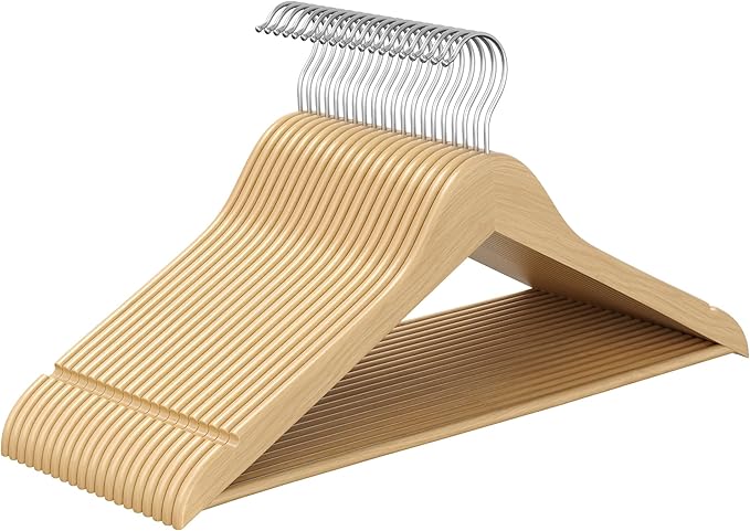 SONGMICS Wooden Hangers, Pack of 20, Coat Hangers, Pants Bar, 360° Swivel Hooks, Solid Birch Wood, 0.3-Inch Thick, Space Saving, for Jackets, Shirts, Coats, Natural Beige UCRW040K01