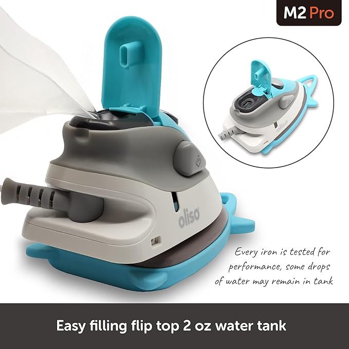 oliso M2Pro Mini Steam Iron with Solemate® – 1000 Watt Dual Voltage Travel Iron for Sewing, Quilting, and Crafting – Ceramic Soleplate, Precision Tip – Turquoise