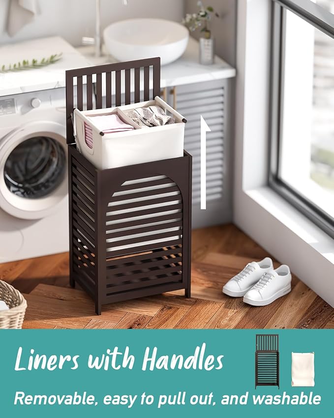 Laundry Hamper, 22.5 Gallon (85L) Bamboo Wood Clothes Laundry Basket with Lid and Handles, Removable Liner (Brown, Large)