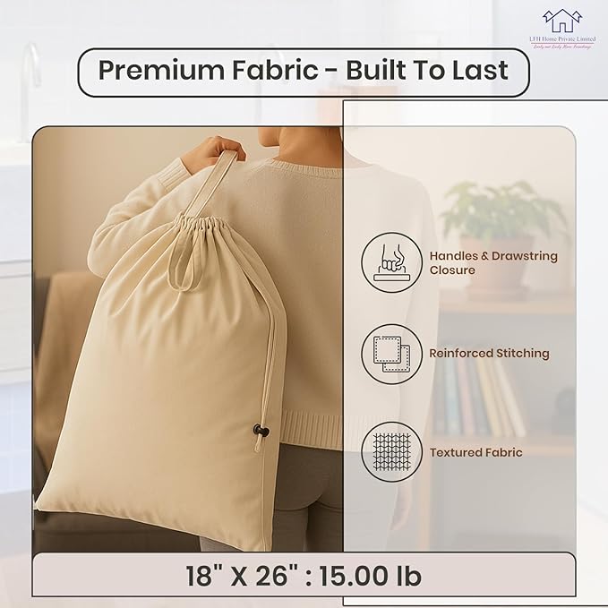 LFH Home Large Premium 1pack Cotton Canvas Laundry Bag with Drawstring and Handles Heavy Duty, Multi-Use, Washable for Home, Travel, College or Storage 18x26 -Natural