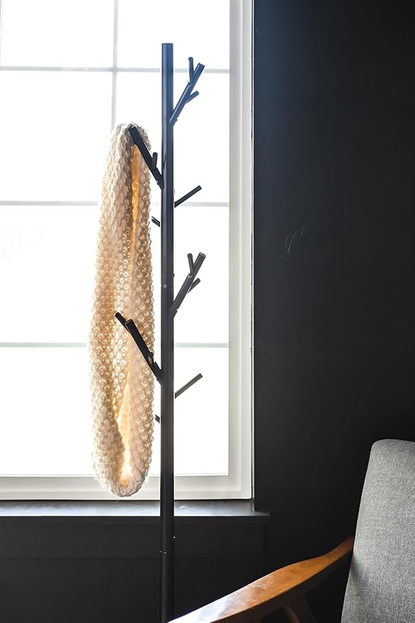 HAOG Freestanding 18-Hook Coat Rack – Black Metal, Powder-Coated Tubular Steel, 12" x 68" | Home and Office Storage Stand, Durable & Stylish for Any Room