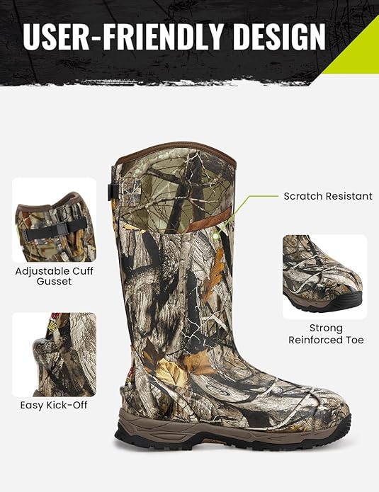 TIDEWE Rubber Hunting Boots, Waterproof Insulated Next Camo G2 Warm Rubber Boots with 7mm Neoprene, Sturdy Outdoor Hunting Boots for Men (800g Insulated & Standard, Size 6-14)