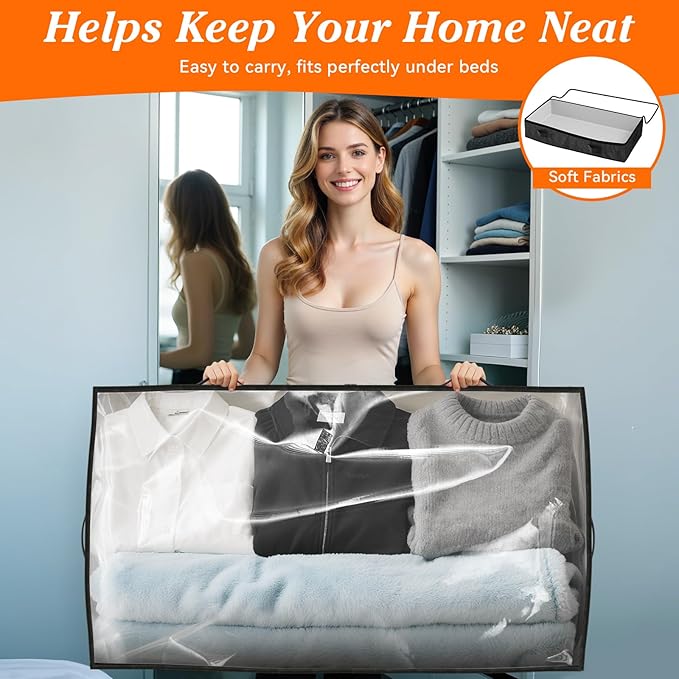 SpaceWhisper 90L Under Bed Storage Containers, 2-Pack Storage Bins with Clear Top, Foldable Closet Organizers and Storage with Label Holder for Clothing, Blankets, Comforter & Pillows(Black)