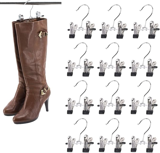 Double Adjustable Clips Boots Hangers,Space Saving Boots Socks Bags Hanging Clips Boot Holder Boot Organizer,Set of 12 (12)