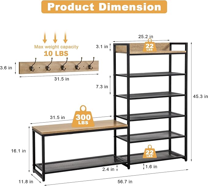 6-Tier Coat Rack Shoe Bench Set, Entryway Bench with 6 Hooks Coat Rack, Hall Tree and Shoe Storage for Entryway, Hallway, Garage, Bedroom (Vintage Oak)