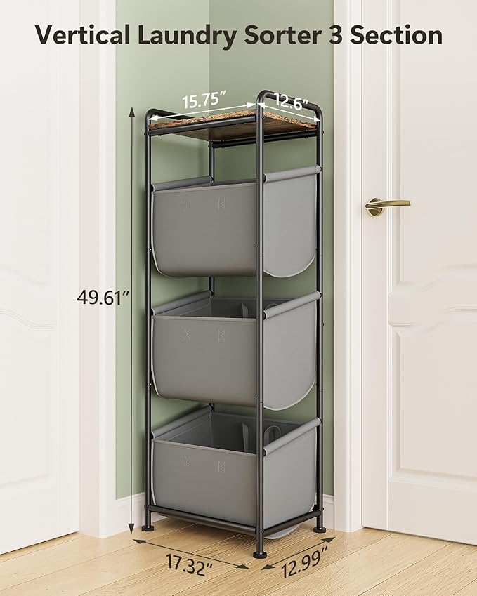 3 Section Laundry Sorter with Removable Bags, 120L Vertical Laundry Hamper with Shelf, Stackable Laundry Baskets organizer for Bathroom, Apartment, Dorm (Gray, With Shelf)