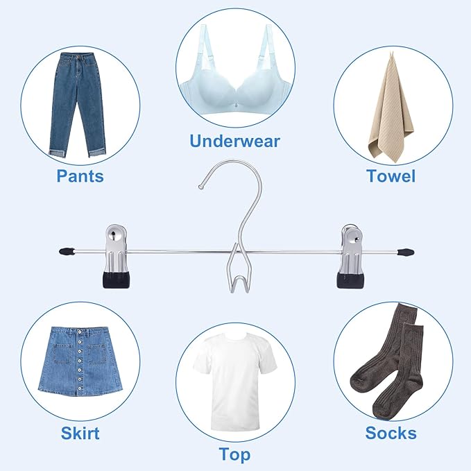 24PCS Pants Hangers with Clips, Heavy Duty Adjustable Space Saving Skirt Clips Stackable Non-Slip Metal Hanging Closet Organizer College Dorm Apartment Room Essentials for Shorts Jeans Trousers