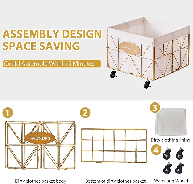 Mxfurhawa Laundry Hamper,Collapsible Laundry Basket Large Capacity Metal Laundry Hamper with Removable Liner, Rolling Wheels and Collapsible Design for Clothes Storage and Organization (110L GOLD)