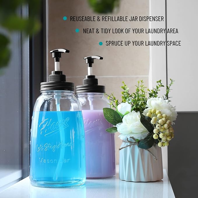 Glass Laundry Detergent Dispenser, Besuerte Set of 2 Laundry Detergent Containers, Refillable & Reusable 50oz Mason Jar Style Glass Soap Dispenser with Pump and Hanging Tags