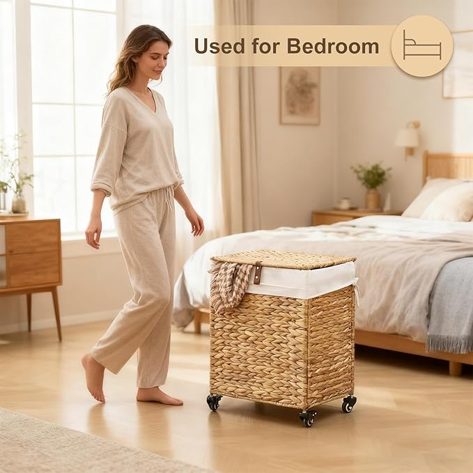 Handwoven Laundry Hamper with Wheels, Natural Water Hyacinth Rolling Laundry Basket with Lid and Removable Liner, Durable and Stylish for Bedroom, Bathroom, Laundry Room (Natural, 65L)