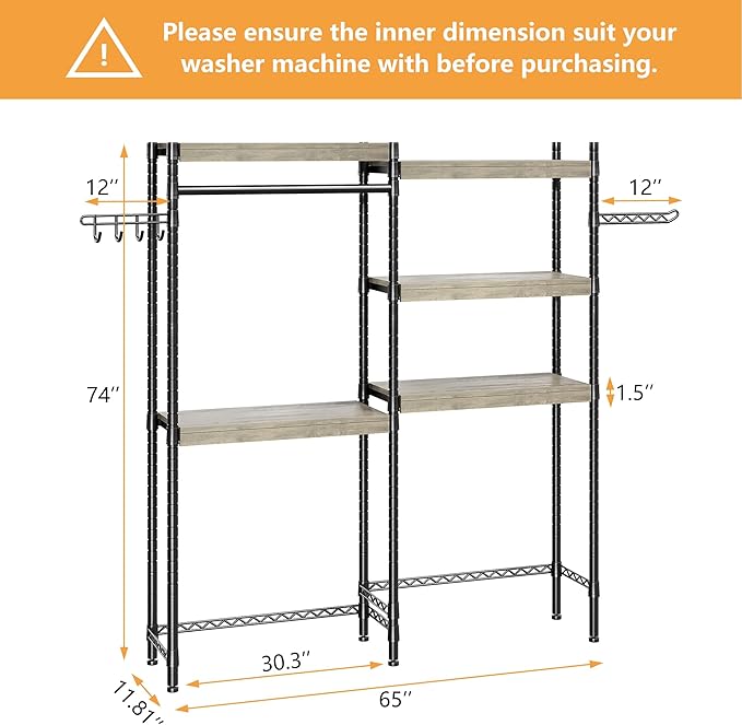 5-Tier Wood Over The Washer and Dryer Storage Shelf- Laundry Room Organization Space Saving Laundry Drying Clothes Racks Heavy Duty Adjustable Height Bathroom Shelf for Home Decor 65"L*12"D*74"H
