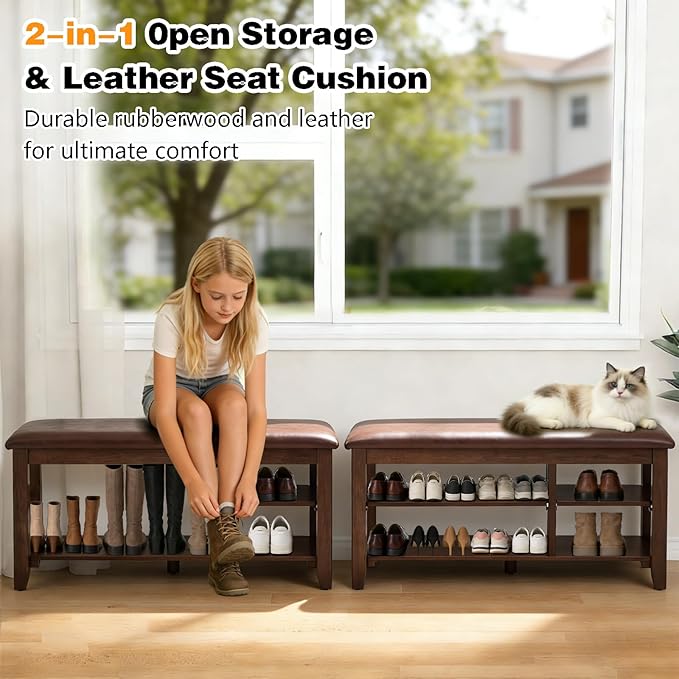 PY HOME & SPORTS Shoe Rack for Entryway 47": 2-Tier Shoe Storage Bench, Adjustable/Removable Shelves, Rubberwood Shoe Benches for Hallway, Porch, Bathroom, Brown