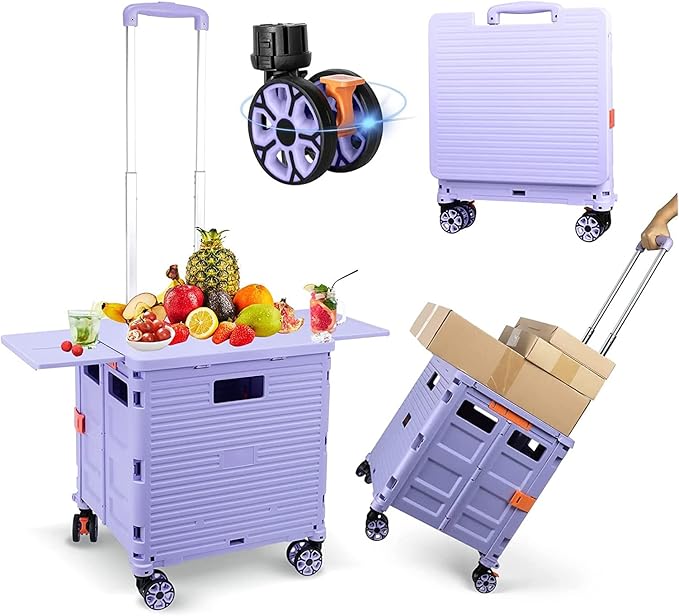 FELICON SELORSS Folding Utility Cart Portable Rolling Crate Handcart with Magnetic Sliding Lid Telescoping Handle Plastic Box Dolly 360°Swivel Wheels for Travel Shop Move Office Teacher(Purple Pro)