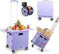 FELICON SELORSS Folding Utility Cart Portable Rolling Crate Handcart with Magnetic Sliding Lid Telescoping Handle Plastic Box Dolly 360°Swivel Wheels for Travel Shop Move Office Teacher(Purple Pro)