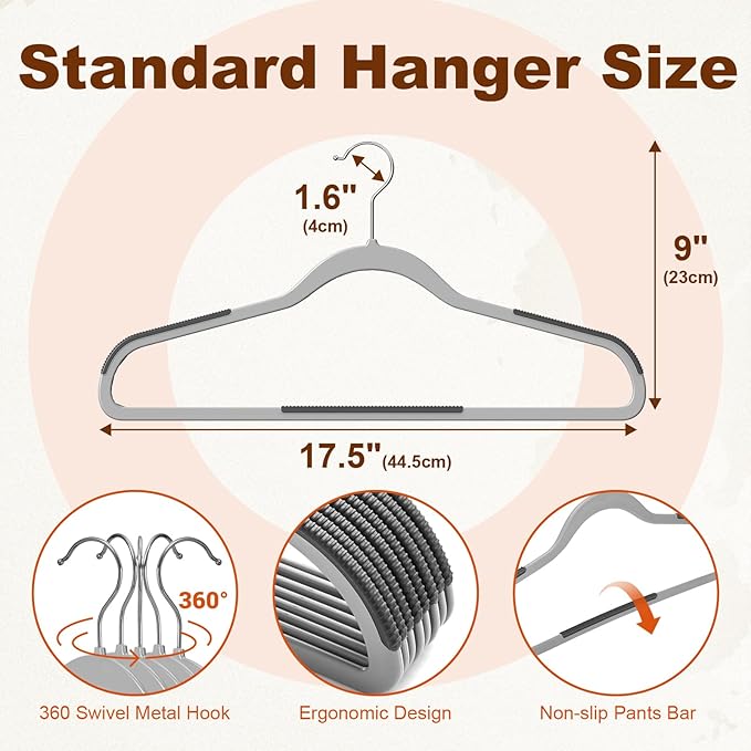 HOUSE DAY Heavy Duty Plastic Hangers 60 Pack, Non Slip Clothes Hangers with Rubber Pads and 360° Hook - Thin 0.2 Inch, Space Saving Coat Hanger Grey, Closet Organizer for Shirt, Pants, Suit, Skirt