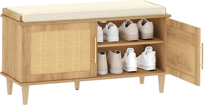 Rattan Shoe Storage Bench with Cushion, 2-Tier Entryway Bench with Adjustable Shelves and 2 Doors, 15" D x 39.4" W x 20" H, Solid Wood Legs, for Hallway, Living Room, Bedroom, Natural Oak