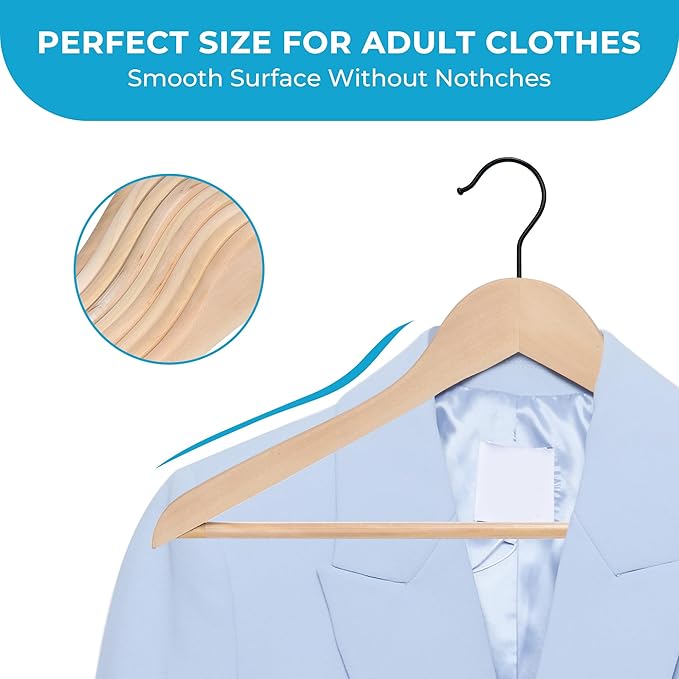 JS HANGER Wooden Coat Hangers, 16 Pack High Grade Wood Suit Hangers with Non Slip Pant Bar - Extra Smooth and Splinter Free, Unvarnished