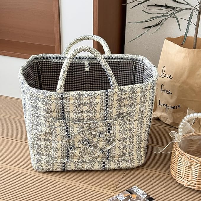 Quilted Laundry Basket Floral Storage Basket Cute Fabric Laundry Baskets Large Boho Foldable Nursery Hamper (Floral07)