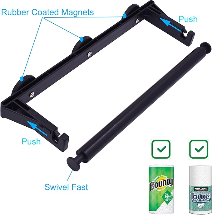 YYST Magnetic Paper Towel Holder Paper Roll Holder Rack Towel Bar Paper Dispenser for Kitchen Refrigerator, Dryer, Grill, Garage, Toolbox,Work Bench, Metal Cabinet，BBQ (Black, 1)
