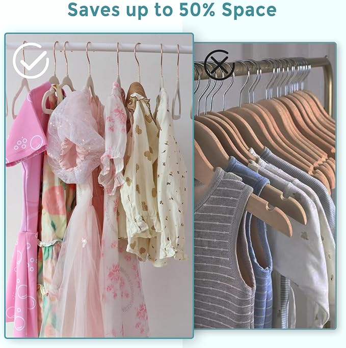 50-Pack 14 Inch Children's Closet Hangers with 10 Clips - Soft Velvet Non-Slip Hangers for Kids & Teen Clothes (Beige)