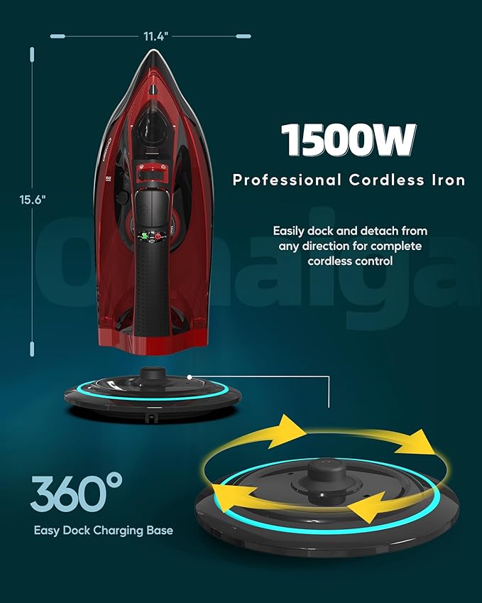 1500W Cordless Iron for Clothes, Wireless Steam Iron with Rapid Heating & Auto Shut Off, for Effective Wrinkle Removal
