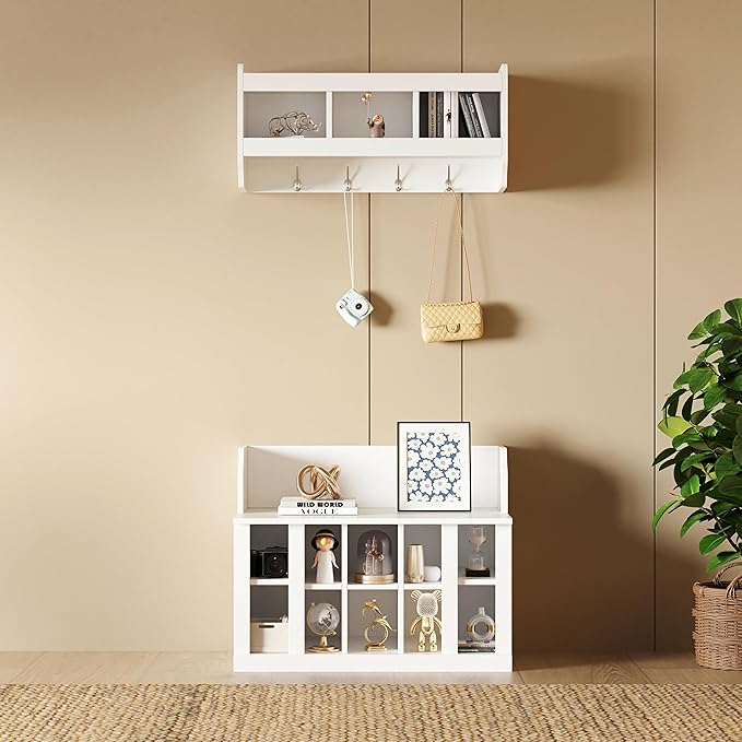 Multi-Functional Hall Tree with Wall Mounted Coat Rack, Shoe Storage Bench with Shelves and 4 Hooks, Entryway Organizer for Hallway, Foyer, Mudroom, Living Room (White-52s)
