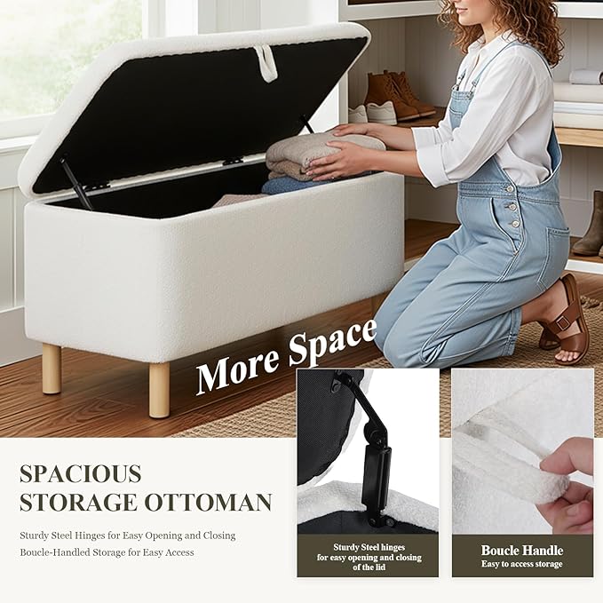 Ottoman with Storage, Storage Ottoman Bench, Entryway Bench with Wood Legs for Living Room, Sitting Area, 2PCS, Cream