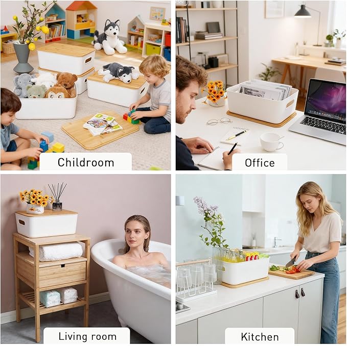 Citylife 4 PCS Storage Bins with Lids Plastic Storage Containers for Organizing Stackable Storage Box with Handle, 15.16 x 10.79 x 5.83 inch (White, 4 PCS-Large)
