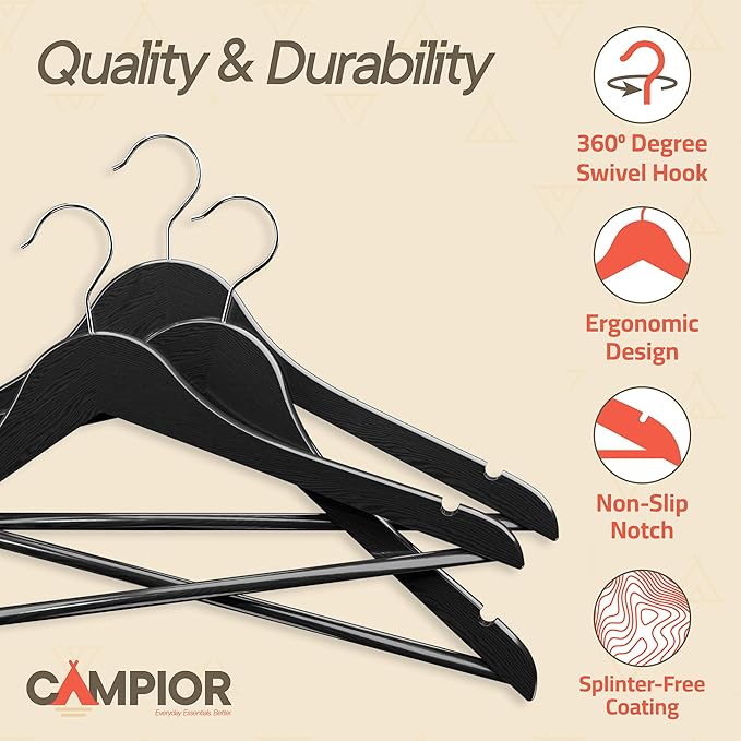 Black Wooden Hangers 10 Pack – Heavy-Duty with 360° Swivel Hook, Non-Slip, Pants Bar & Shoulder Grooves - Wooden Hangers for Suits, Jackets, Dresses & Camisoles, Space-Saving and Smooth Finish