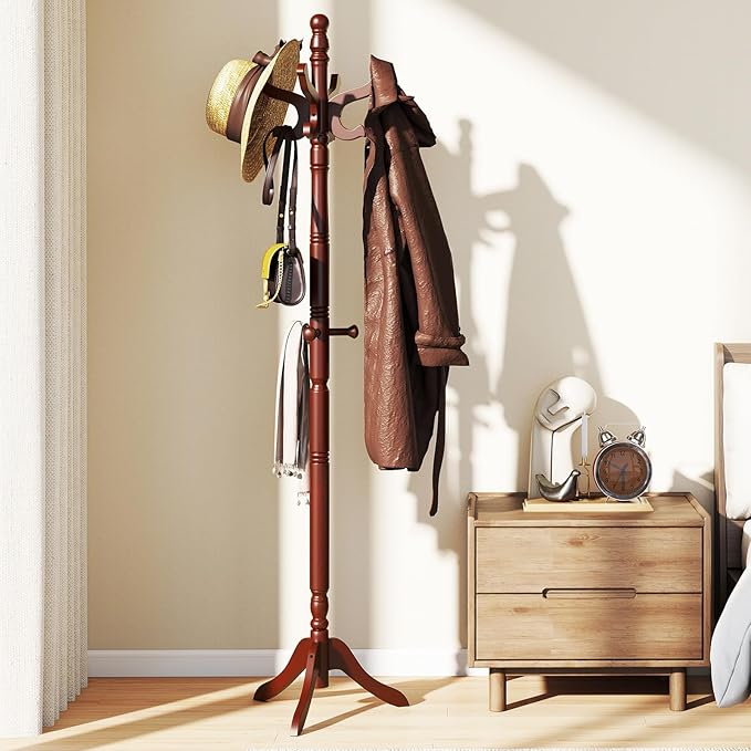 Tangkula Coat Rack Freestanding, Solid Rubber Wood Coat Tree with 11 Hooks and 3 Height Options for Coats, Hats, Bags, Purses, Clothes, Hanger Stand for Entryway Hallway Bedroom Office (Reddish Brown)