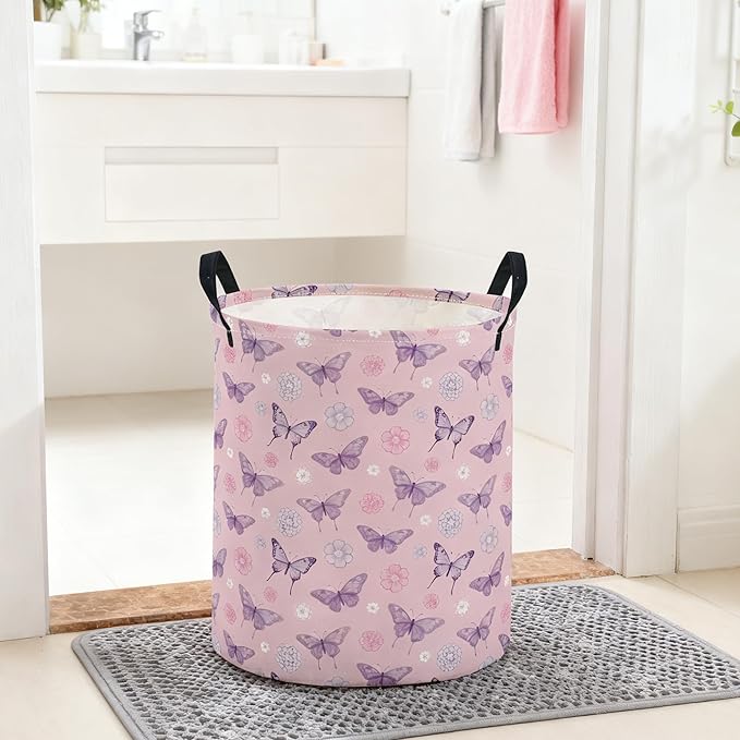 ESSME Kids Laundry Basket,Butterfly Hamper Collapsible Canvas Waterproof Storage Bin for Boys, Cute Hamper,Gift Baskets(Pink butterfly)